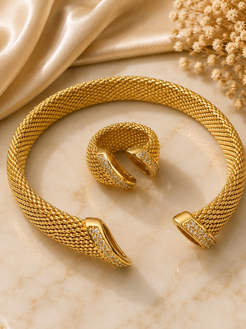 18K Gold Filled Mesh Open Cuff Bracelet and Matching Ring Set. Ring size 7-8